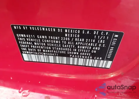 2012 Volkswagen Jetta 2.5L Se из США, поврежденный, VIN 3VWDP7AJ7CM348471